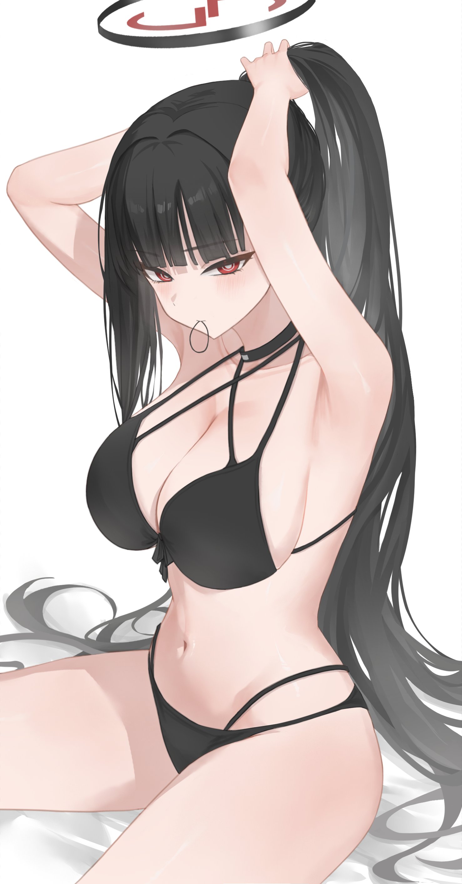 froha11037, rio (blue archive), blue archive, absurdres, highres, 1girl, alternate costume, armpits, bikini, black bikini, black hair, black hairband, black halo, blunt bangs, breasts, bright pupils, choker, cleavage, collarbone, criss-cross halter, front-tie bikini top, front-tie top, hair ornament, hairband, halo, halterneck, large breasts, long hair, looking at viewer, multicolored halo, navel, presenting armpit, red eyes, red halo, shirt, sideboob, sitting, solo, stomach, swimsuit, thighs, two-tone halo, tying hair, white pupils