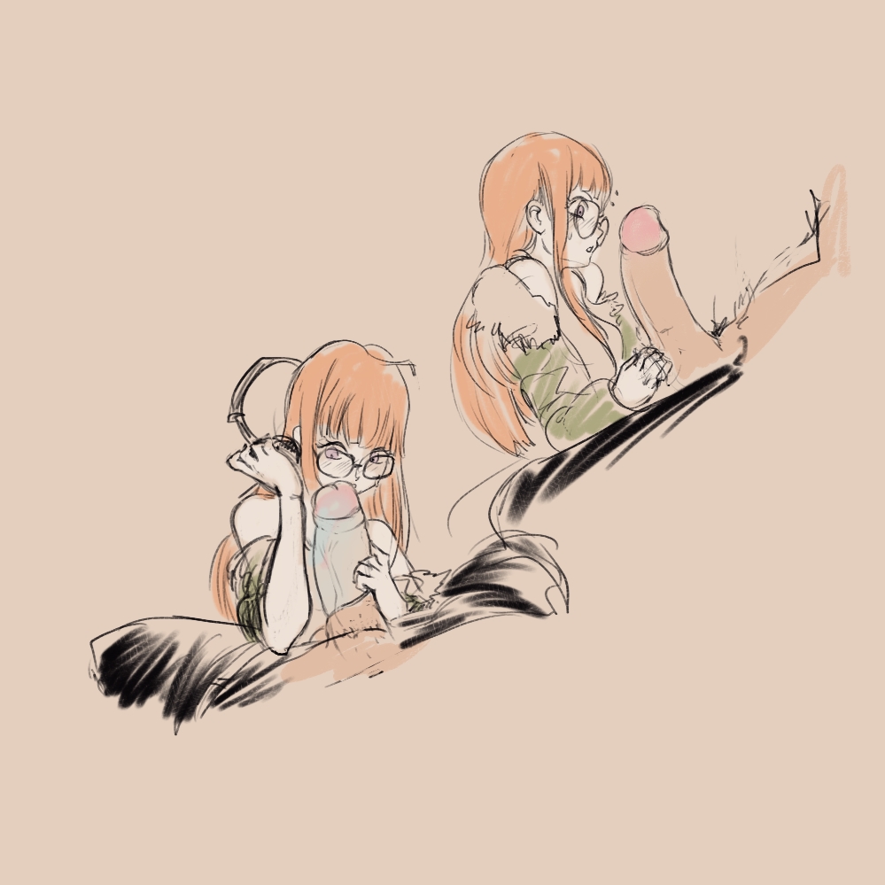 mrbudguy, sakura futaba, persona, persona 5, commentary, english commentary, 1boy, 1girl, brown background, clothes pull, condom, condom on penis, elbow rest, fur-trimmed jacket, fur trim, glasses, green jacket, headphones, hetero, jacket, large penis, looking at penis, male pubic hair, measuring, multiple views, orange hair, pants, pants pull, penis, penis awe, penis measuring, pubic hair, simple background