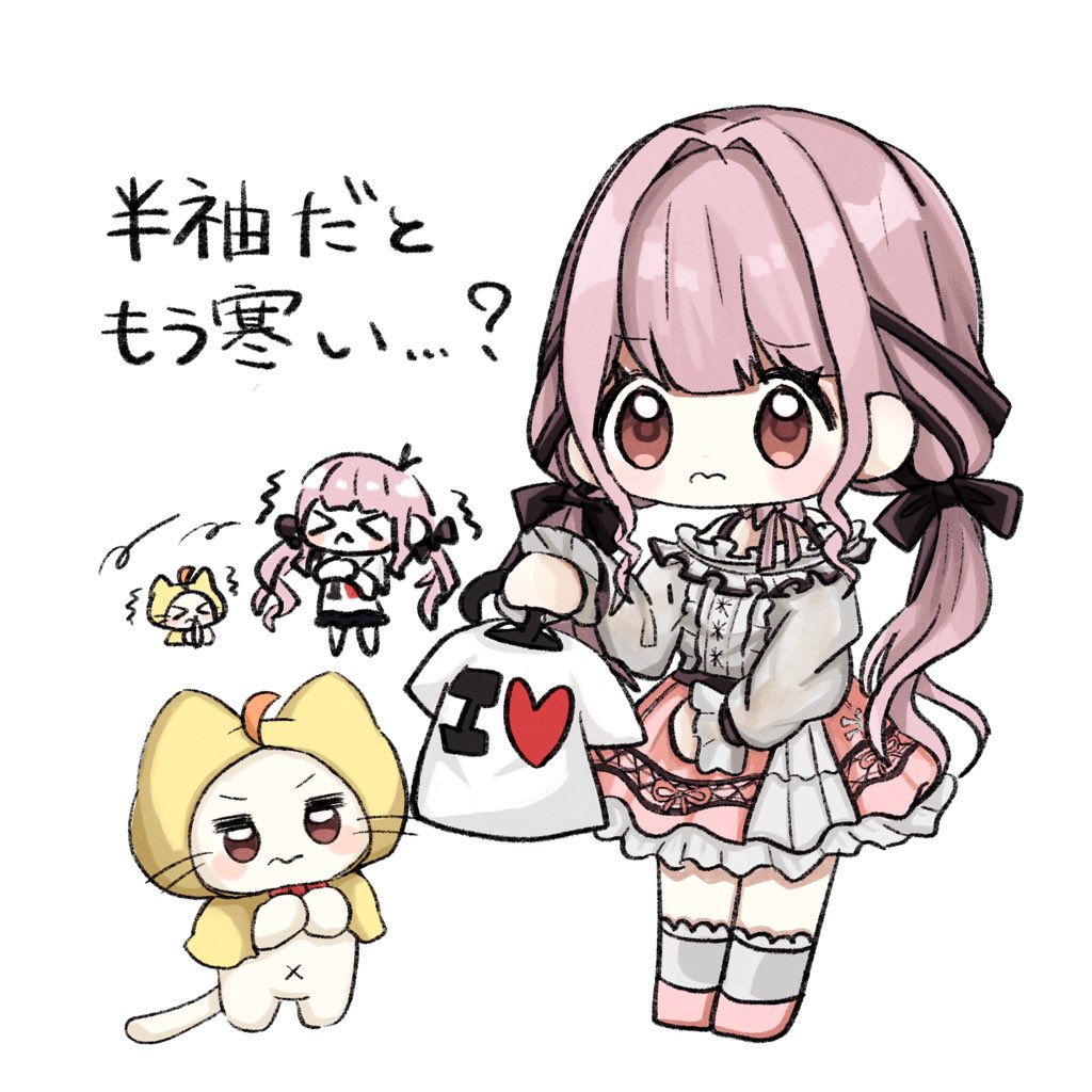 1210 neno, momo (nikki), nikki (nikki), perfect start (infinity nikki), infinity nikki, nikki (series), commentary request, translation request, > <, 1girl, ahoge, animal, ankle socks, barefoot, belt, black belt, black ribbon, black skirt, blunt bangs, bow, bow choker, bowtie, bra strap, buttons, cat, center frills, chibi, choker, cloak, closed mouth, clothed animal, clothes hanger, clothes writing, cold, crossed arms, ear covers, eyelashes, frilled shirt, frilled skirt, frilled sleeves, frills, frown, grey socks, hair bow, hair intakes, hair ribbon, hand on lap, heart, heart print, holding, holding clothes hanger, holding unworn clothes, hood, hood up, hooded cloak, lace-trimmed socks, layered skirt, light blush, long hair, long sleeves, looking at object, low twintails, medium skirt, multiple views, navel, nervous, off-shoulder shirt, off shoulder, own hands together, pink bow, pink bowtie, pink choker, pink hair, pink shoes, pink skirt, pleated skirt, print shirt, print skirt, puffy long sleeves, puffy sleeves, red bow, red bowtie, ribbon, see-through clothes, see-through sleeves, shirt, shoes, simple background, single stripe, skirt, sleeves past wrists, snowflake print, snowflakes, socks, striped bow, striped bowtie, striped clothes, t-shirt, tareme, trembling, tress ribbon, twintails, v-shaped eyebrows, very long hair, wavy mouth, whiskers, white background, white cat, white shirt, white skirt, yellow cloak