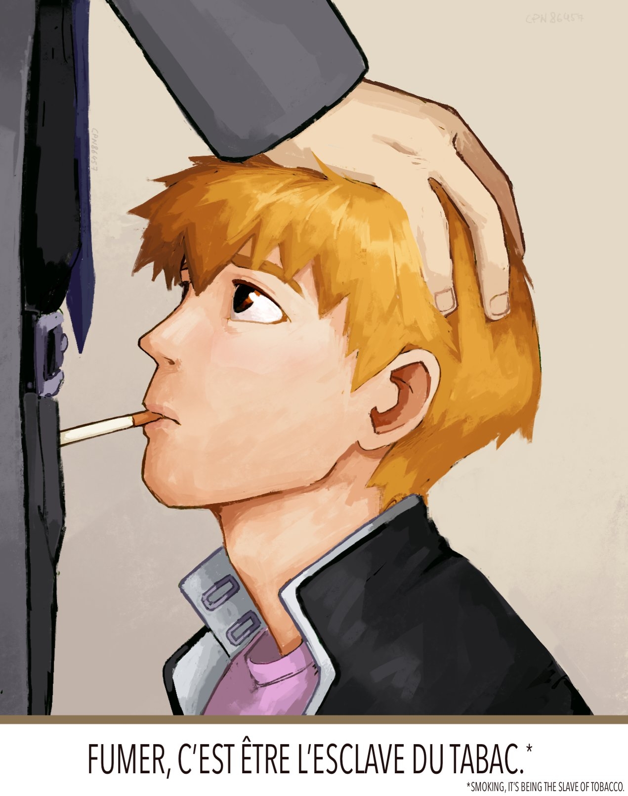 kageyama shigeo, reigen arataka, mob psycho 100, derivative work, highres, photo-referenced, 2boys, age difference, age switch, aged down, aged up, belt, cigarette, cpn86457, fingernails, gakuran, implied yaoi, jacket, long sleeves, male focus, multiple boys, orange hair, school uniform, shirt, short hair, t-shirt