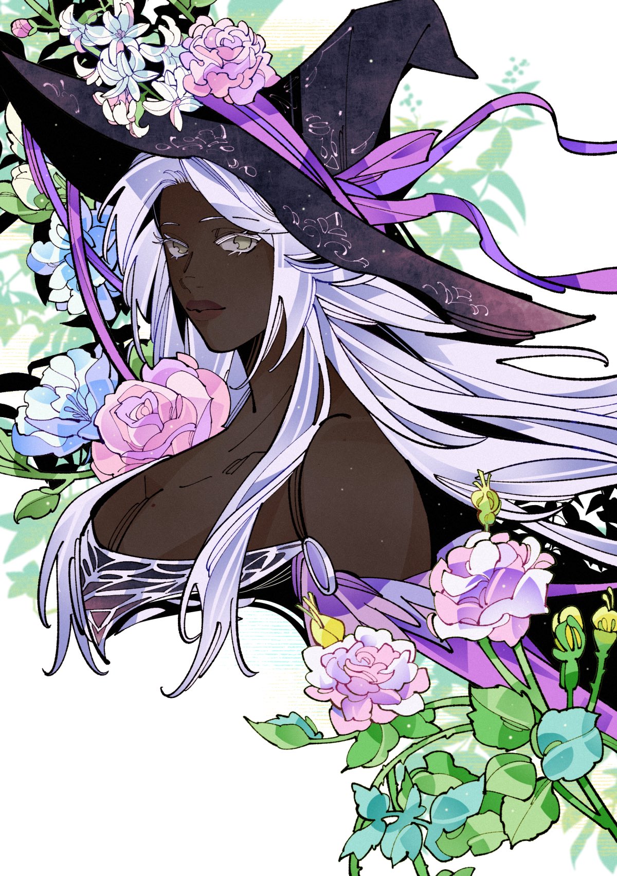 drenched-in-sunlight, recluse (elden ring), elden ring, elden ring nightreign, highres, 1girl, bare shoulders, colored eyelashes, cropped shoulders, dark-skinned female, dark skin, floating hair, floral background, large hat, long hair, looking at viewer, solo, very dark skin, white background, white eyelashes, white hair, witch