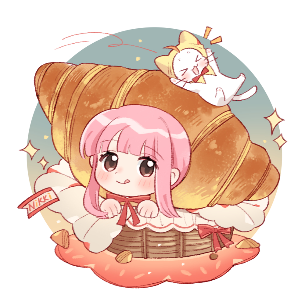 momo (nikki), nikki (nikki), nikki (series), shining nikki, artist request, chinese commentary, commentary request, official art, second-party source, > <, 1girl, :q, ahoge, animal, basket, blue background, blunt bangs, border, bow, bowtie, brown eyes, cat, character name, chibi, cloak, closed mouth, clothed animal, croissant, crumbs, dot nose, ear covers, eyelashes, food, foodification, gradient background, happy, hood, hood up, hooded cloak, light blush, looking at viewer, motion lines, orange background, outside border, pink hair, red bow, red bowtie, round border, short hair with long locks, sidelocks, sliding, smile, sparkle, tareme, tongue, tongue out, traditional bowtie, two-tone background, whiskers, white border, white cat, yellow cloak