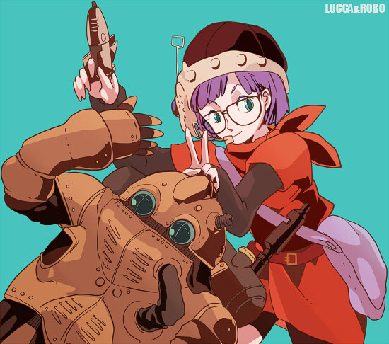 sakoko, lucca ashtear, robo (chrono trigger), chrono (series), chrono trigger, bad id, bad pixiv id, 1990s (style), antennae, bag, glasses, gun, helmet, neckerchief, purple hair, short hair, v, weapon