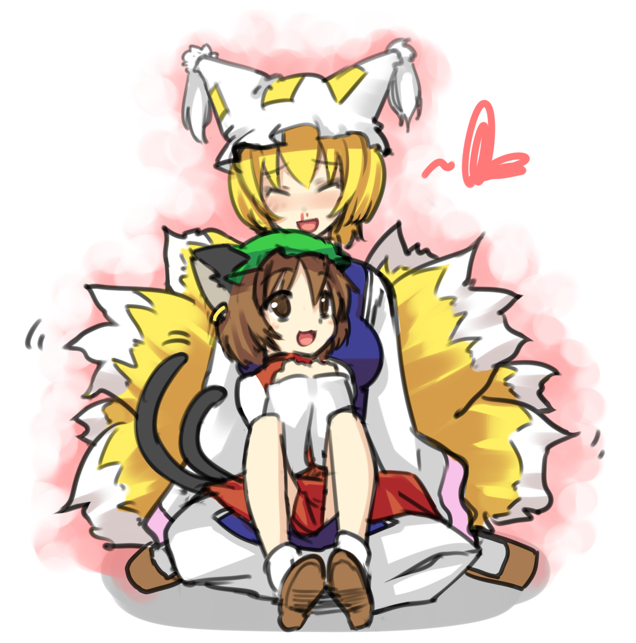 doriruman, chen, yakumo ran, touhou, highres, 2girls, animal ears, blonde hair, blood, blush, brown eyes, brown hair, cat ears, cat girl, cat tail, closed eyes, earrings, female focus, fox tail, happy, hat, heart, jewelry, multiple girls, multiple tails, nosebleed, short hair, sitting, sitting on lap, sitting on person, tail