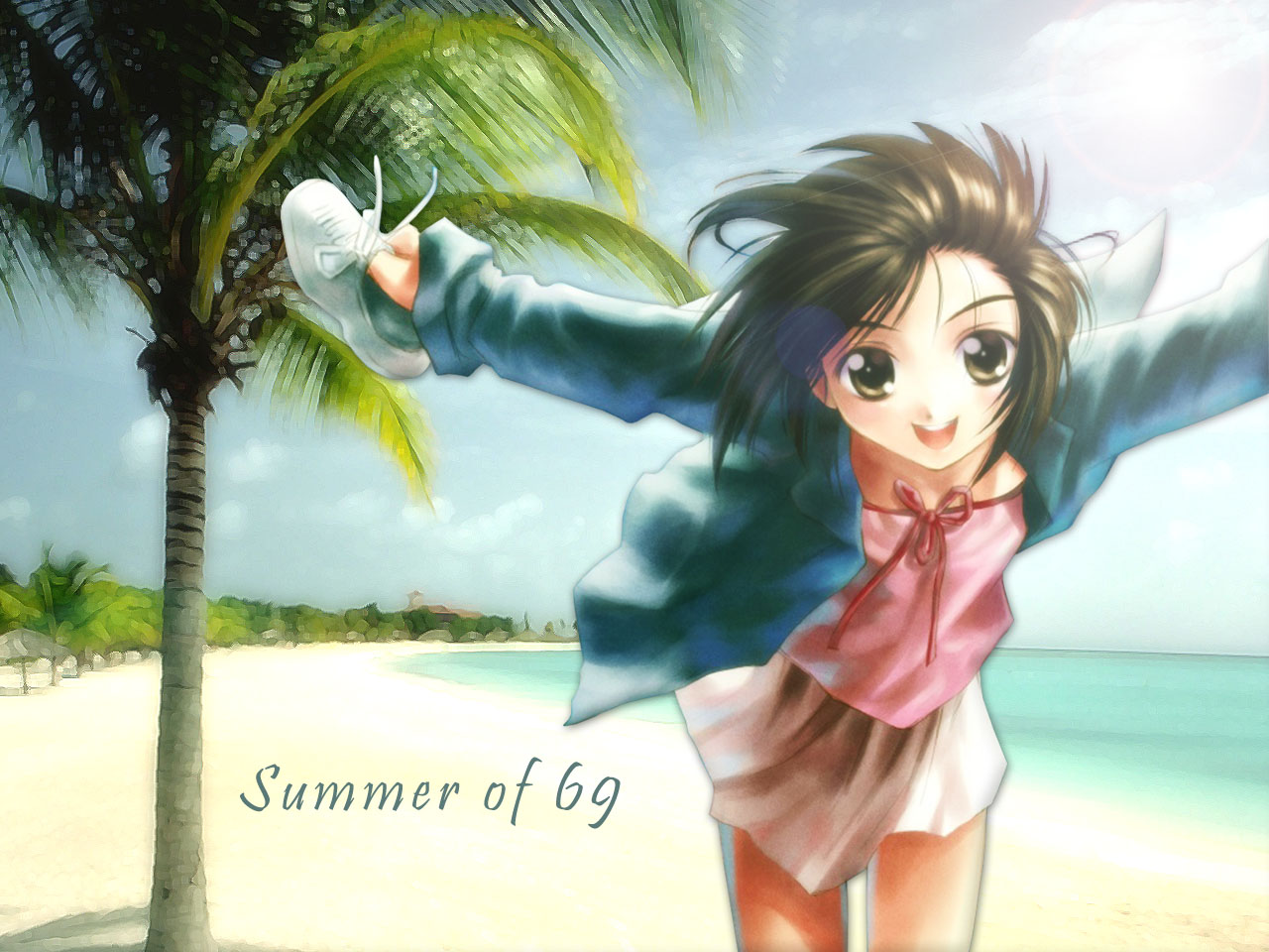 1girl, beach, brown eyes, brown hair, cowboy shot, english text, female focus, holding, holding shoes, holding unworn clothes, looking at viewer, matching hair/eyes, ocean, open mouth, outstretched arms, palm tree, running, sand, shoes, short hair, skirt, smile, solo, summer, tree, unworn shoes, water