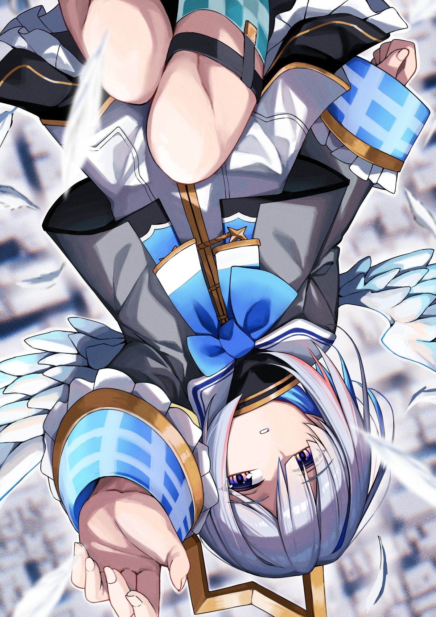 amane kanata, hololive, highres, 1girl, angel, angel wings, blue bow, blue bowtie, blue hair, blue wrist cuffs, bow, bowtie, colored inner hair, frilled cuffs, gold halo, gold trim, grey jacket, halo, jacket, medium hair, mini wings, multicolored hair, pink streaks, purple eyes, sailor collar, star halo, tomahhhto, white hair, white wings, wings, wrist cuffs