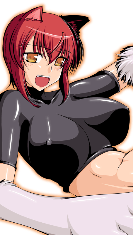 soushin souma, riza wildman, kaibutsu oujo, 00s, animal ears, animal hands, babydoll t-shirt, breasts, covered erect nipples, crop top, fang, large breasts, midriff, nipples, red hair, short hair, solo, wolf ears, yellow eyes