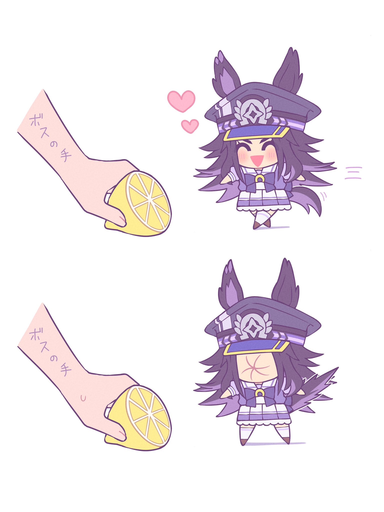 w3n6e, fenomeno (umamusume), umamusume, highres, 1girl, animal ears, black hair, bow, ear bow, ears through headwear, flipped hair, food, fruit, grey hat, hat, horse ears, horse girl, horse tail, horseshoe hat ornament, horseshoe ornament, horseshoe print, lemon, lemon slice, long hair, multicolored hair, peaked cap, pillbox hat, purple hair, school uniform, simple background, smile, striped hat, tail, tracen school uniform