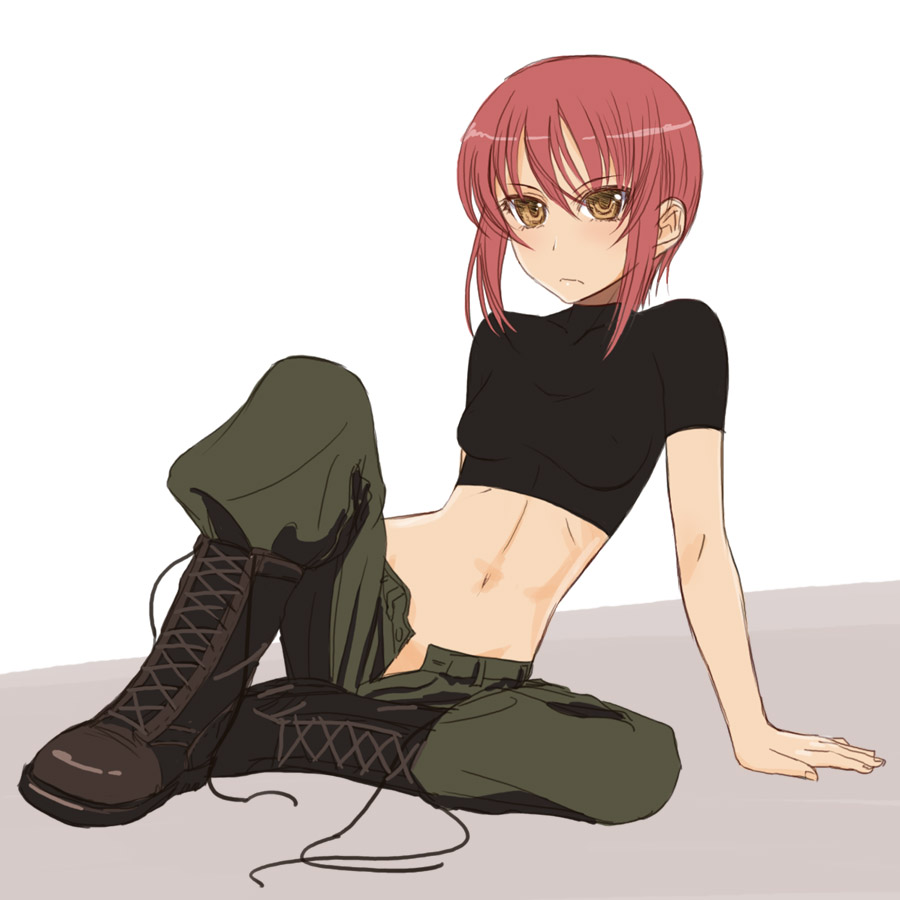 riza wildman, kaibutsu oujo, artist request, 00s, 1girl, babydoll t-shirt, boots, brown eyes, cargo pants, crop top, female focus, midriff, no panties, open fly, pants, red hair, short hair, sitting, solo, unzipped