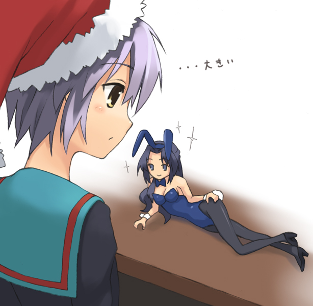 oryo (oryo04), asakura ryoko, nagato yuki, suzumiya haruhi no yuuutsu, silver hair, 00s, animal ears, blue eyes, blue hair, brown eyes, cardigan, fake animal ears, figure, hat, high heels, long hair, pantyhose, playboy bunny, rabbit ears, santa hat, school uniform, serafuku, shoes, short hair, statue, wrist cuffs