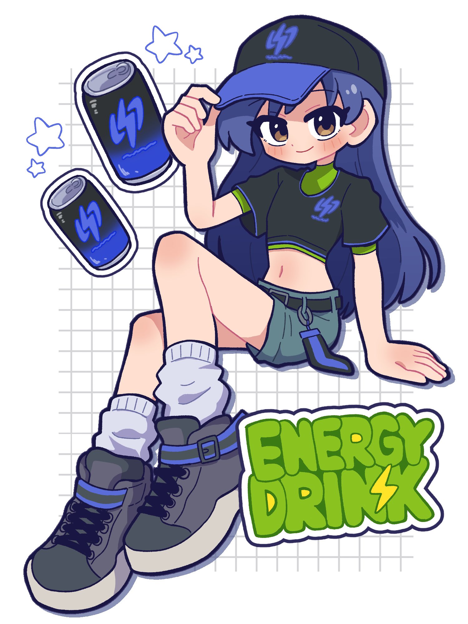 fis (t83192933), brown haired glasses elf (houtengeki), kisaragi chihaya, idolmaster, idolmaster (classic), highres, 1girl, adjusting clothes, adjusting headwear, baseball cap, belt, black belt, black shirt, blue hair, blush, can, closed mouth, cropped shirt, drink can, energy drink, flat chest, full body, grey shoes, hat, long hair, midriff, navel, shirt, shoes, short sleeves, shorts, simple background, sitting, smile, socks, soda can, solo, star (symbol), white background