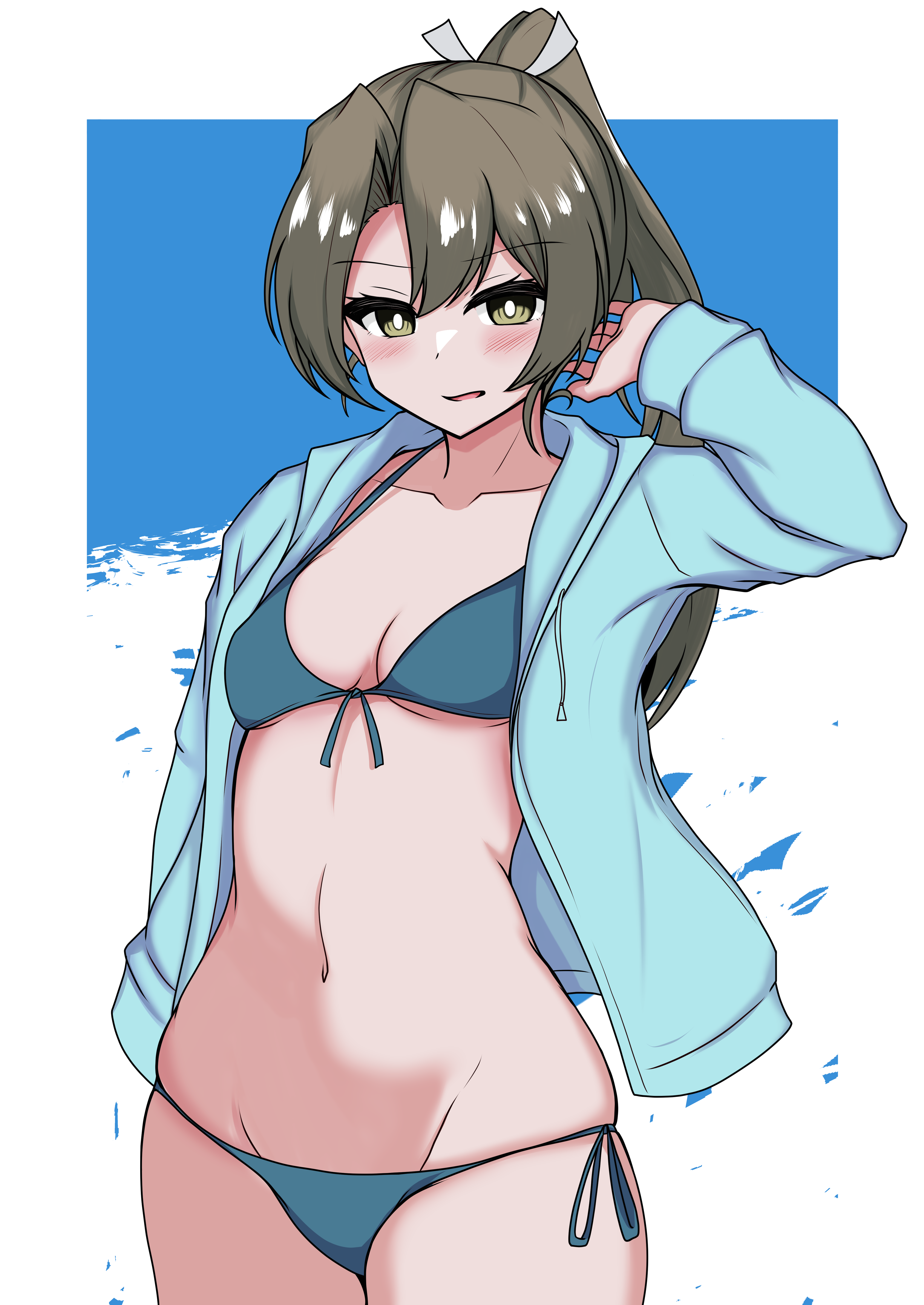 tokiwa senkei, zuikaku (kancolle), zuikaku (swimsuit) (kancolle), zuikaku kai ni (kancolle), kantai collection, absurdres, highres, 1girl, aqua bikini, aqua jacket, bikini, blush, breasts, front-tie bikini top, front-tie top, green eyes, green hair, hair between eyes, hair ribbon, hood, hooded jacket, jacket, jacket over swimsuit, long hair, long sleeves, looking at viewer, navel, official alternate costume, official alternate hairstyle, ponytail, ribbon, side-tie bikini bottom, small breasts, swimsuit, very long hair