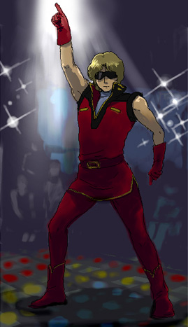 char aznable, quattro bajeena, gundam, saturday night fever, zeta gundam, lowres, non-web source, 1boy, blonde hair, dance floor, fabulous, male focus, oekaki, parody, solo, sunglasses