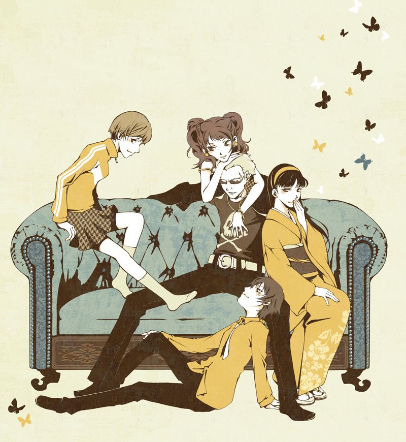 gengendou, amagi yukiko, kujikawa rise, satonaka chie, shirogane naoto, tatsumi kanji, atlus, persona, persona 4, silver hair, striped, 1boy, 4girls, androgynous, belt, black hair, boots, brown hair, bug, butterfly, couch, covering own mouth, crotch, dress shirt, earrings, formal clothes, glasses, hairband, hand over mouth, hand over own mouth, houndstooth, insect, jacket, japanese clothes, jewelry, jolly roger, kimono, lipstick, long hair, makeup, multiple girls, necklace, necktie, pimp, reverse trap, sandals, scar, shirt, short hair, skirt, skull, socks, stitches, sunglasses, twintails, zipper