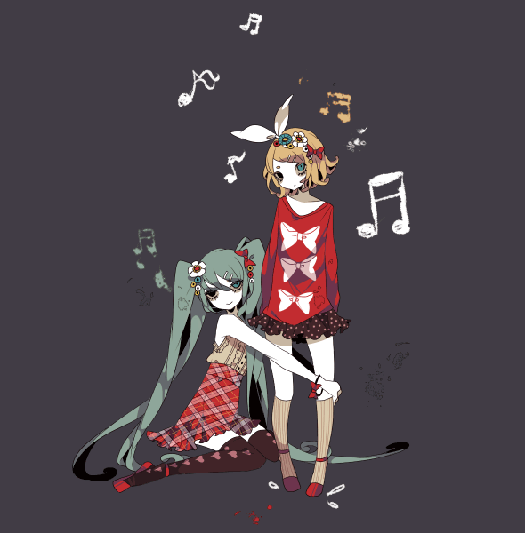 shikimi (yurakuru), hatsune miku, kagamine rin, vocaloid, plaid, red footwear, bad id, bad pixiv id, 2girls, blonde hair, blue eyes, bow, bracelet, buttons, dress shirt, flower, frills, green hair, hair ornament, hairclip, heart, heart print, heterochromia, high waist, hug, jewelry, kneehighs, long hair, miniskirt, multiple girls, musical note, pale skin, patterned legwear, polka dot, ribbon, shirt, shoes, skirt, socks, sweater, thighhighs, twintails, vertical-stripe legwear, very long hair, zettai ryouiki