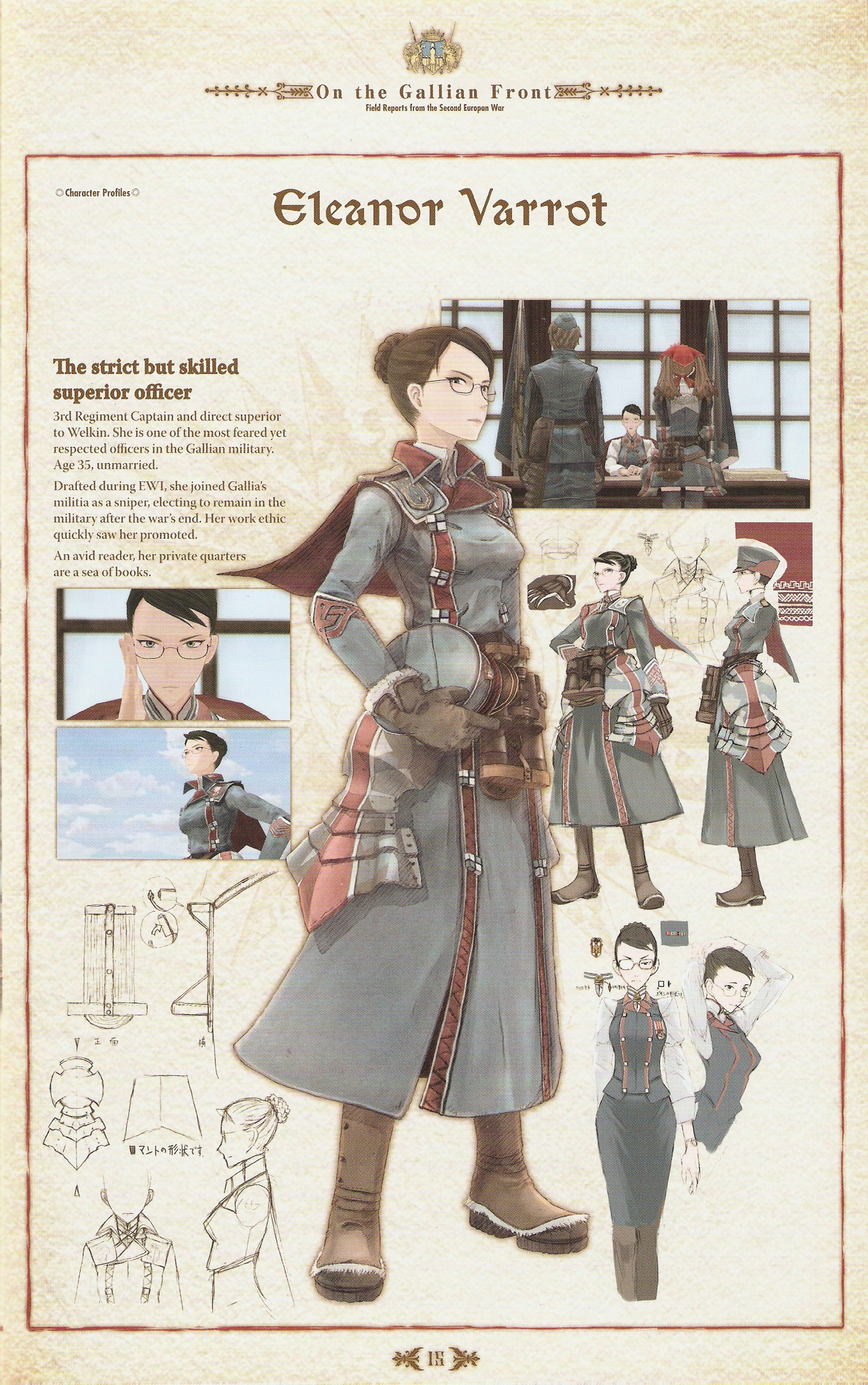 honjou raita, alicia melchiott, eleanor varrot, welkin gunther, senjou no valkyria, senjou no valkyria (series), senjou no valkyria 1, absurdres, highres, official art, scan, 00s, adjusting eyewear, armor, binoculars, black hair, boots, cape, cloud, dress, glasses, gloves, grey eyes, hair bun, hat, military, military uniform, pantyhose, reference sheet, short hair, single hair bun, skirt, sky