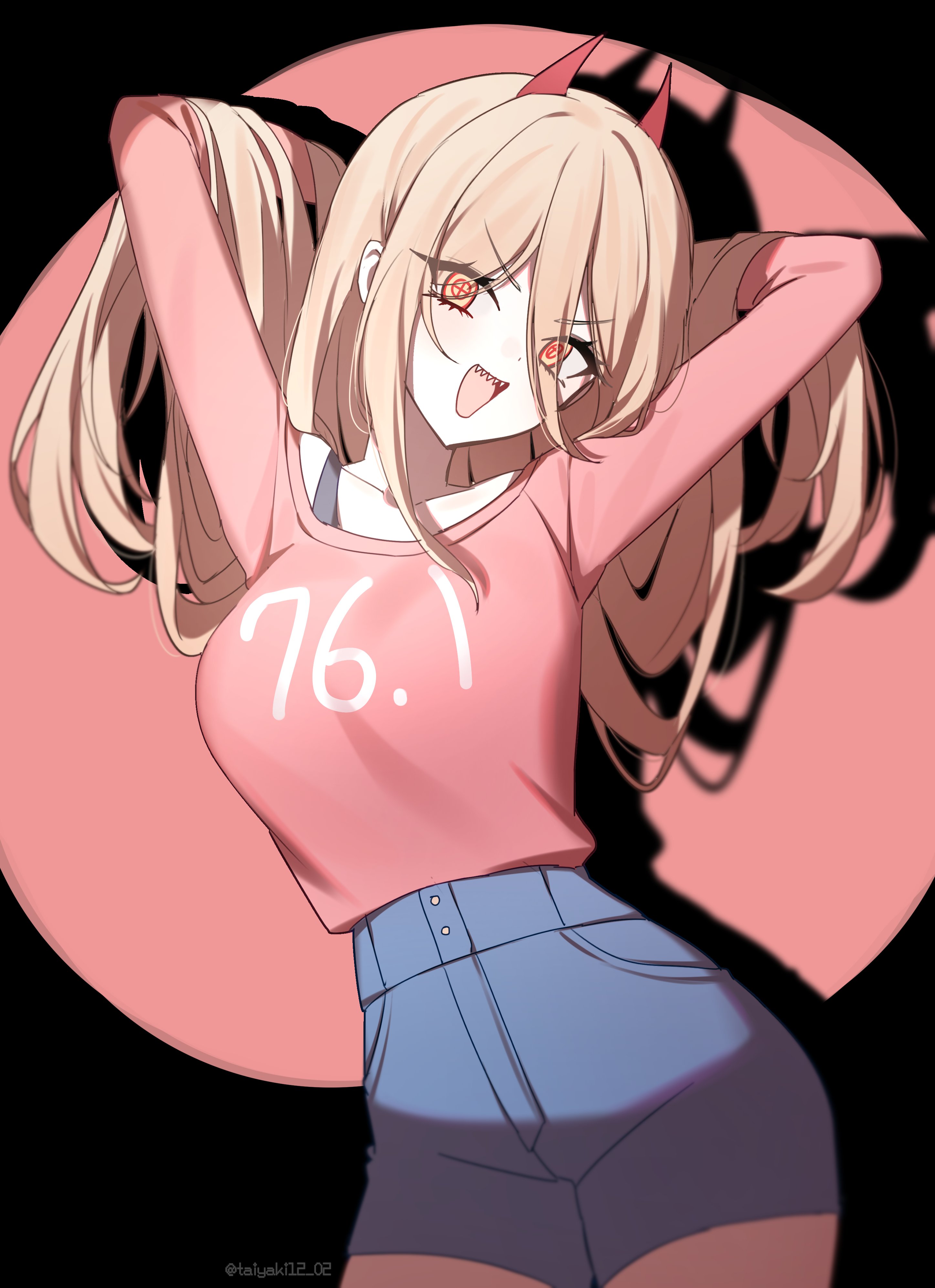 taiyaki12, power (chainsaw man), chainsaw man, absurdres, commentary, highres, 1girl, blonde hair, blue shorts, breasts, collarbone, cross-shaped pupils, demon horns, hands in own hair, head tilt, horns, large breasts, looking at viewer, pink shirt, shadow, sharp teeth, shirt, shorts, smile, solo, symbol-shaped pupils, teeth, v-shaped eyebrows