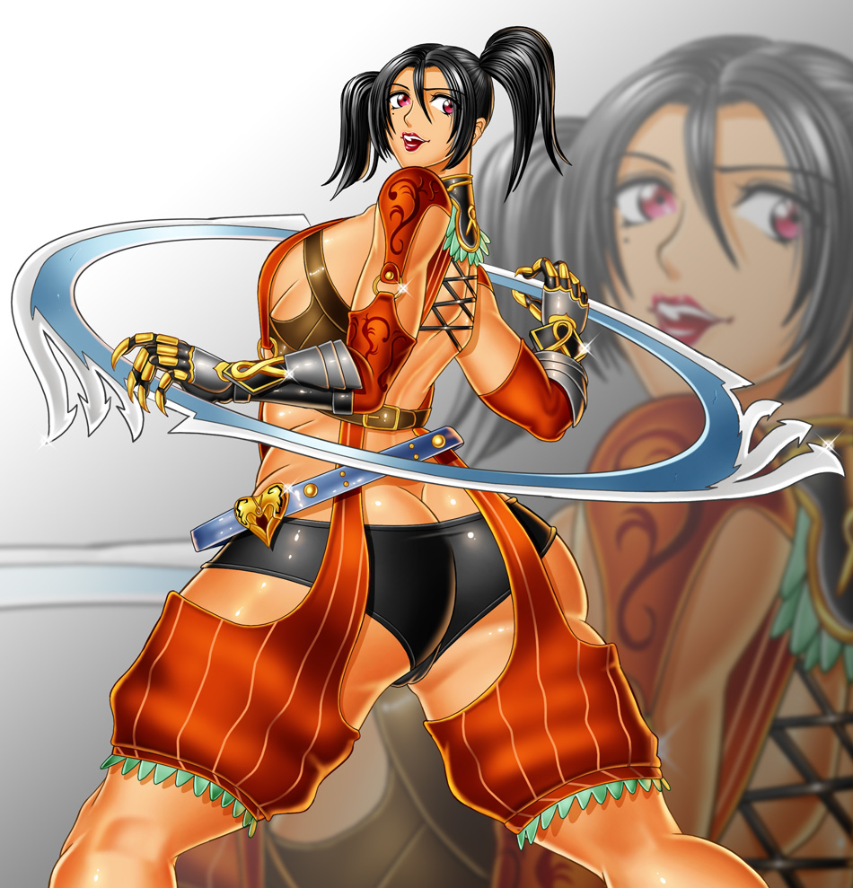tira (soulcalibur), soul calibur, soulcalibur, soulcalibur iv, striped, 1girl, :d, armor, ass, back, belt, belt buckle, belt skirt, black hair, breasts, buckle, butt crack, cameltoe, chakram, claws, cross-laced clothes, curvy, eiserne drossel (weapon), feathers, female focus, from side, gauntlets, glint, hair between eyes, happy, harness, heart, holding, holding weapon, huge ass, huge weapon, jewelry, kneepits, large breasts, legs apart, lipstick, long hair, looking back, looking to the side, makeup, mole, mole under eye, neck ring, o-ring, o-ring top, open mouth, pinstripe pattern, red eyes, red lips, ring blade, shiny clothes, short hair, short shorts, short twintails, shorts, sideboob, smile, solo, thick thighs, thigh gap, thighs, twintails, unitard, weapon