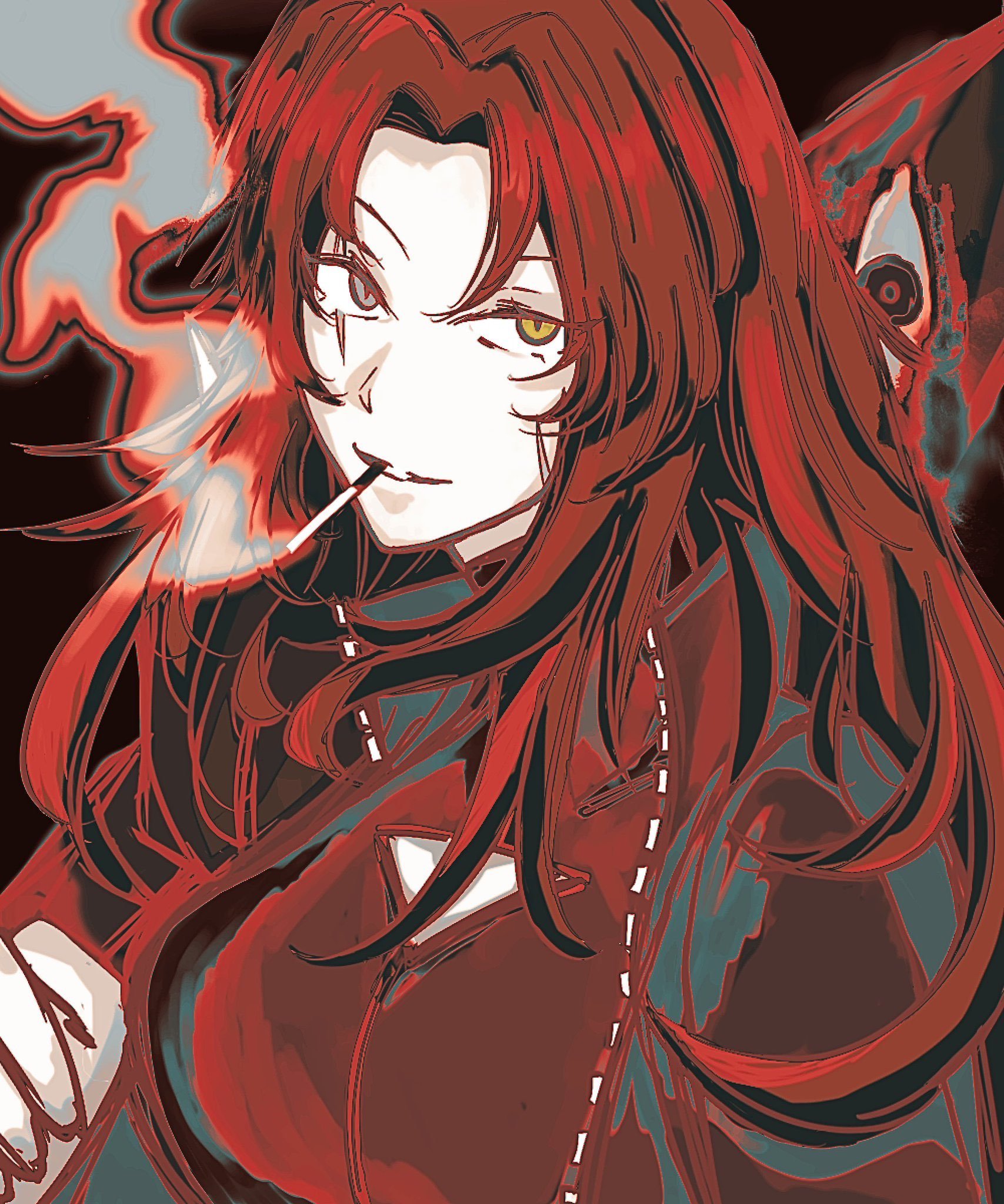 gebura (project moon), lobotomy corporation, project moon, highres, 1girl, akachan 5551, black background, bodysuit, cigarette, coat, e.g.o (project moon), grey eyes, jacket, living weapon, long hair, long sleeves, looking at viewer, mimicry (e.g.o), open clothes, open jacket, over shoulder, parted bangs, red bodysuit, red hair, red jacket, red theme, scar, scar across eye, scar on face, sidelocks, simple background, smoke, smoking, weapon, weapon over shoulder, yellow eyes