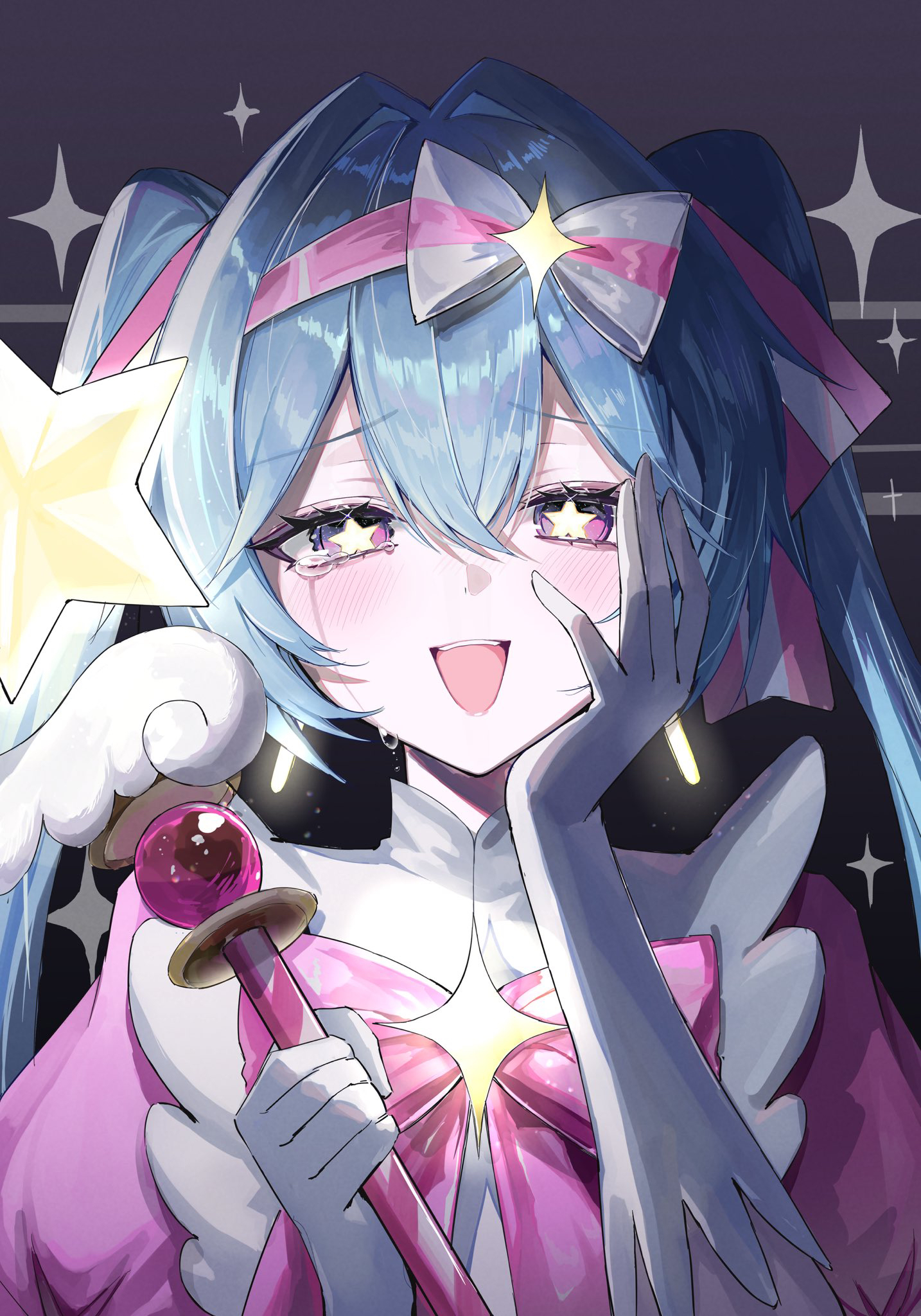 raiya atelier, hatsune miku, vocaloid, commentary request, highres, 1girl, blue hair, blush, crying, crying with eyes open, gloves, hair intakes, hand on own cheek, hand on own face, holding, holding wand, long hair, looking at viewer, magical girl, open mouth, purple eyes, solo, sparkle, star (symbol), star in eye, symbol in eye, tears, twintails, upper body, wand, white gloves