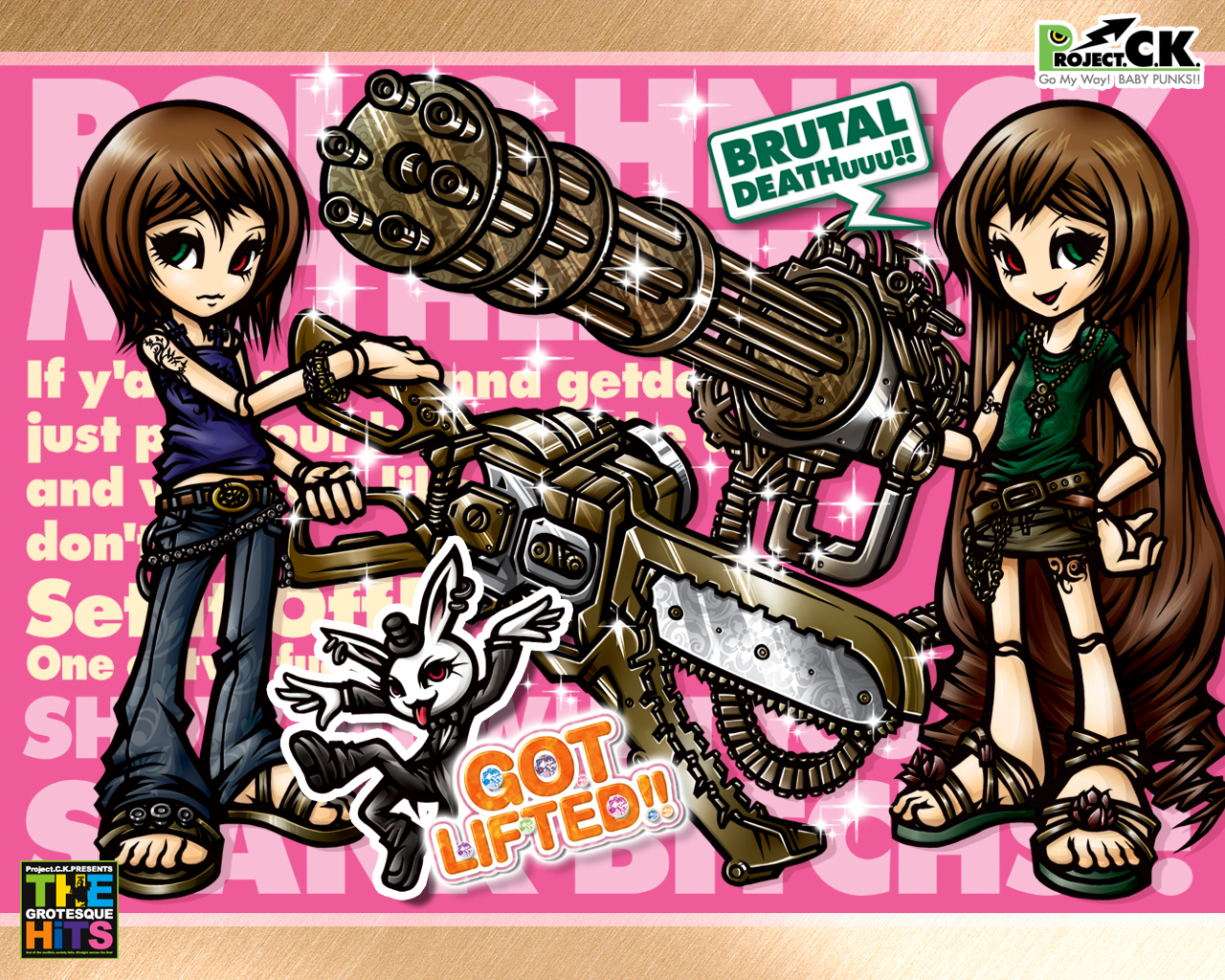 project.c.k., souseiseki, suiseiseki, rozen maiden, 00s, 2girls, belt, bling, bow, bowtie, brown hair, chain, denim, doll joints, ear piercing, earrings, english text, engrish text, feet, flower, gatling gun, green eyes, gun, hat, heterochromia, jeans, jewelry, joints, long hair, minigun, miniskirt, multiple girls, pants, piercing, profanity, rabbit, ranguage, red eyes, rose, sandals, scissors, shirt, shoes, skirt, t-shirt, tank top, tattoo, text focus, top hat, tuxedo, weapon