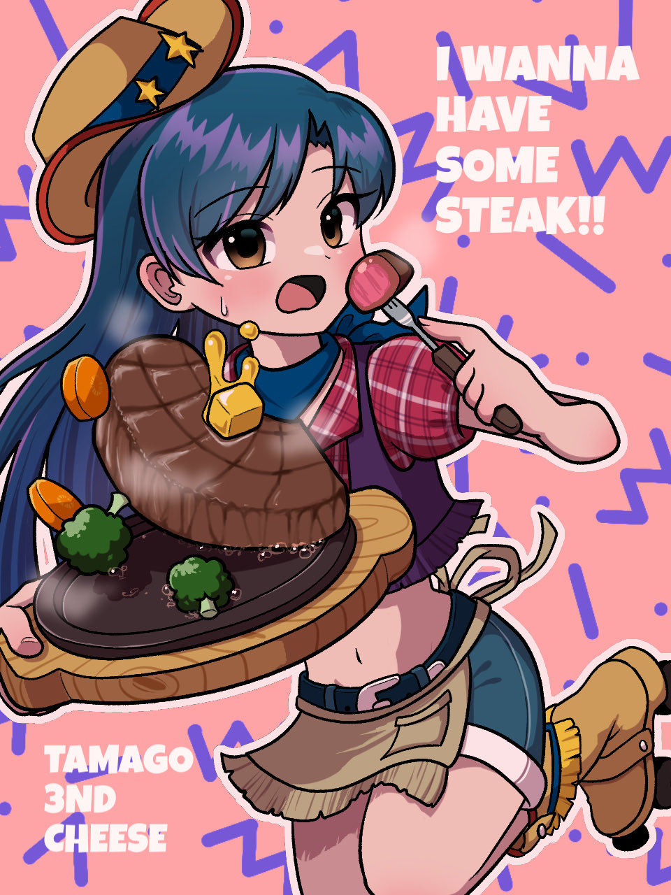 kisaragi chihaya, idolmaster, idolmaster (classic), idolmaster stella stage, highres, 1girl, bandana, bandana around neck, belt, belt buckle, blue bandana, blue hair, boots, broccoli, brown boots, brown eyes, brown hat, buckle, burger girl w (idolmaster), butter, carrot slice, cowboy hat, english text, food, fork, hat, holding, holding fork, holding tray, leg up, long hair, looking at viewer, midriff, navel, official alternate costume, okazuhamburg, open mouth, outline, pink background, plaid clothes, plaid shirt, shirt, short sleeves, shorts, solo, standing, steak, sweatdrop, tray, white outline