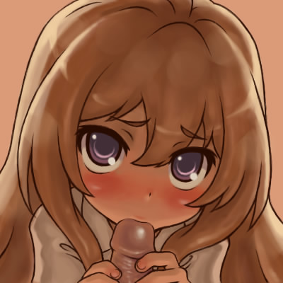 yuuya (yu-ya's), aisaka taiga, toradora!, bad id, lowres, 00s, 1girl, blouse, blush, brown hair, collared shirt, fellatio, hair between eyes, handjob, loli, long hair, looking at viewer, official style, oral, penis, petite, portrait, purple eyes, shirt, simple background, solo focus, two-handed handjob, uncensored, white shirt