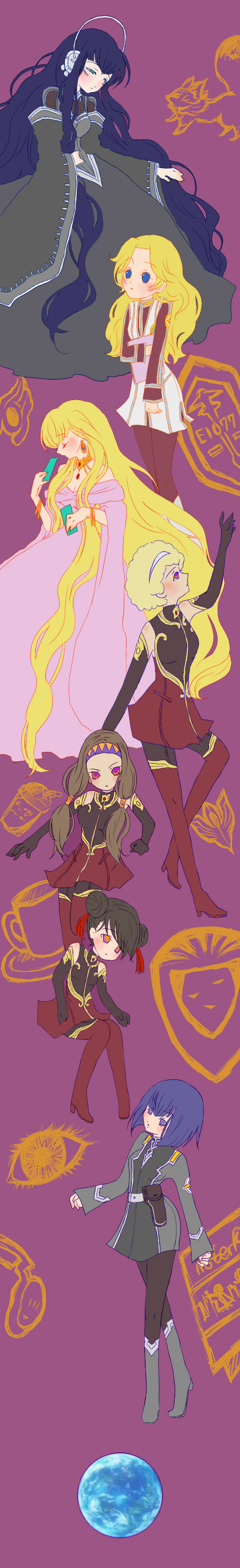 artella, michelle viper, mother eliza, pestazio, physis, swena dalton, twellen, toward the terra, uniform, absurdres, highres, long image, tall image, 6+girls, black hair, blonde hair, boots, brown hair, card, closed eyes, detached sleeves, dress, earrings, earth (planet), everyone, hairband, headband, holding, holding card, jewelry, long hair, multiple girls, necklace, short hair, thigh boots, thighhighs, twintails, very long hair