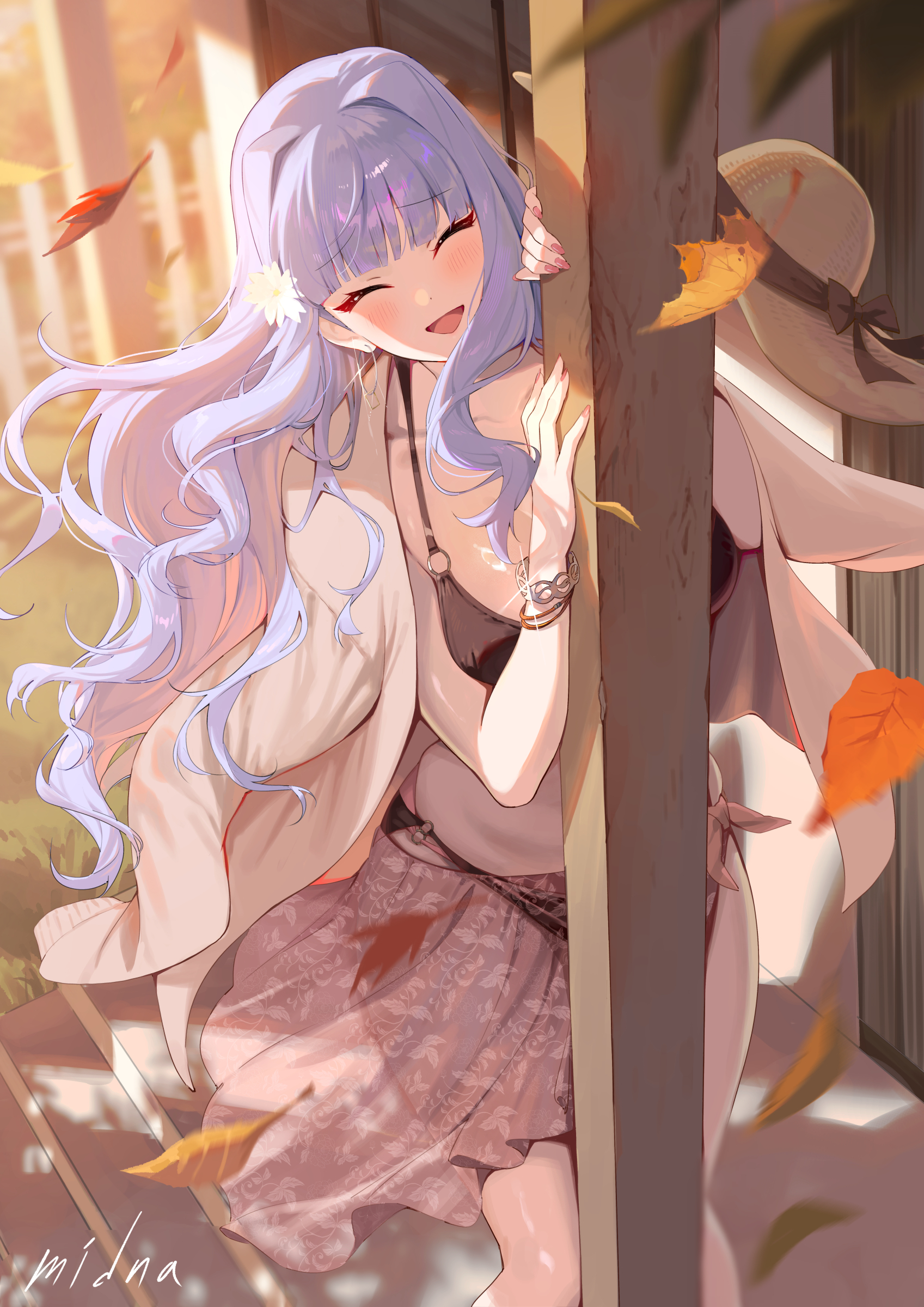 midnamana, shijou takane, idolmaster, idolmaster (classic), idolmaster million live!, absurdres, highres, 1girl, ^ ^, artist name, bikini, black bikini, blunt bangs, blurry, blurry background, blush, bracelet, closed eyes, earrings, facing viewer, falling leaves, feet out of frame, fingernails, floating hair, flower, glint, grey hair, hair flower, hair ornament, hat, hoop earrings, jewelry, leaf, long hair, o-ring, o-ring bikini, pillar, sarong, see-through clothes, see-through sarong, signature, smile, solo, straw hat, swimsuit, unworn hat, unworn headwear, very long hair