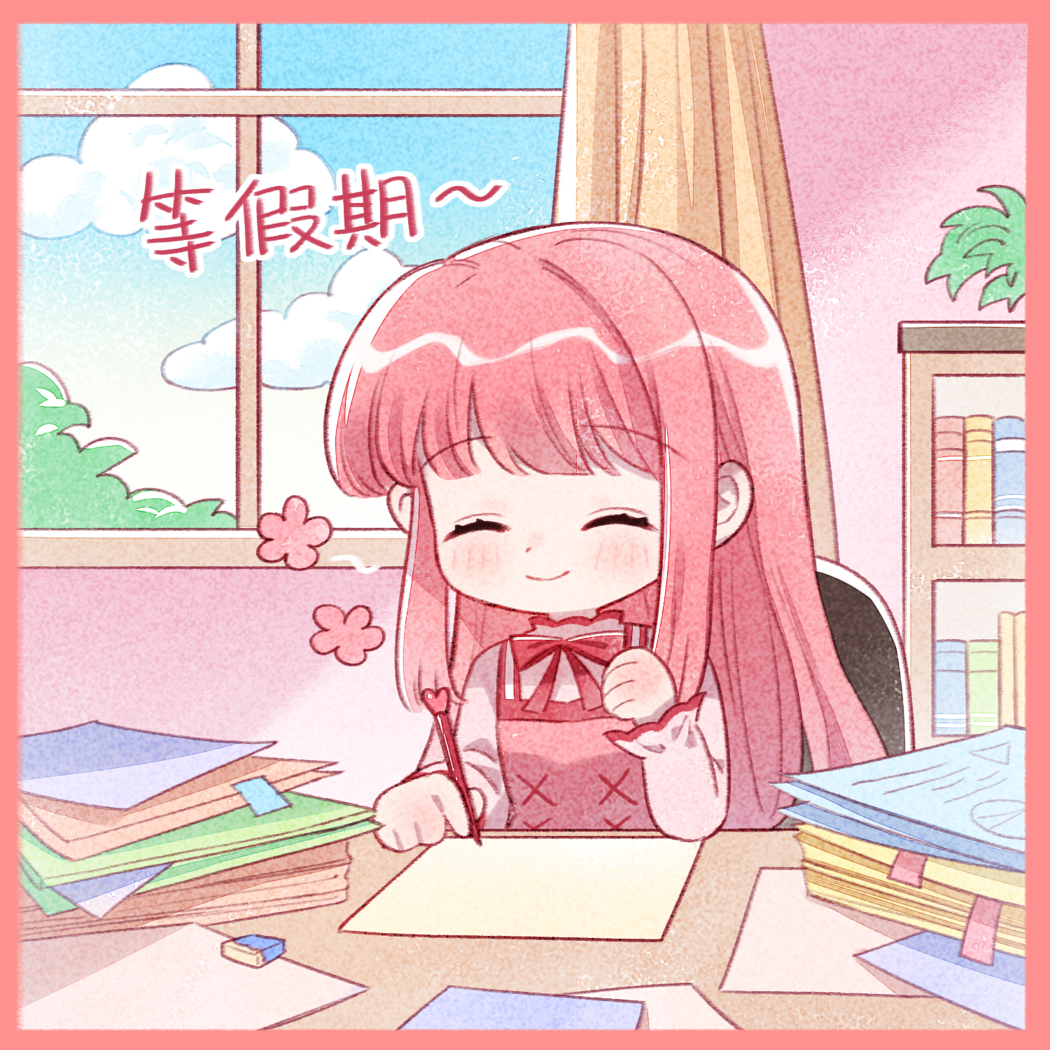 bloom poetry (shining nikki), nikki (nikki), nikki (series), shining nikki, artist request, chinese commentary, commentary request, highres, official art, second-party source, translation request, 1girl, ^ ^, blue sky, blunt bangs, book, bookmark, bookshelf, border, bow, bowtie, bush, chair, chibi, chinese text, closed eyes, closed mouth, cloud, cross-laced clothes, cross-laced dress, curtains, day, dot nose, dress, elbow on table, eraser, eyelashes, flower, frilled sleeves, frills, hand on table, happy, heart, holding, holding pen, indoors, light blush, long hair, long sleeves, on chair, paper stack, pen, pinafore dress, pink border, pink dress, pink flower, pink hair, plant, potted plant, red bow, red bowtie, shirt, sidelocks, sitting, sky, sleeveless, sleeveless dress, smile, solo, spoken flower, turtleneck, turtleneck shirt, upper body, very long hair, white shirt, window