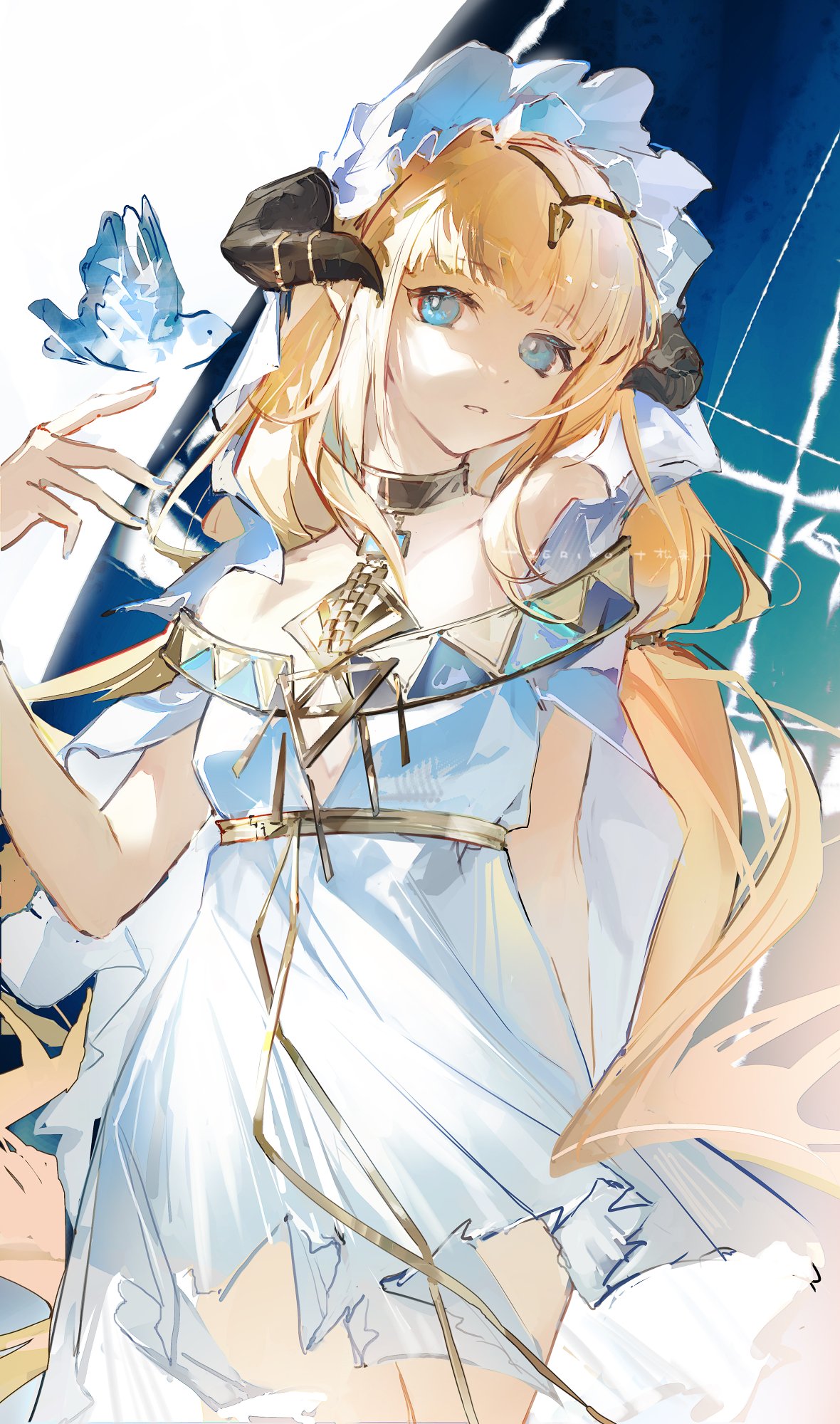 zeriko, nightingale (arknights), nightingale (iakhu of flows) (arknights), arknights, commentary, highres, 1girl, arm behind back, bare shoulders, belt, bird, bird on hand, black horns, blonde hair, blue bird, blue eyes, blunt bangs, breasts, choker, cowboy shot, demon horns, dress, gold belt, hand up, head chain, horns, jewelry, long hair, long sidelocks, looking at animal, off-shoulder dress, off shoulder, parted lips, short dress, sidelocks, small breasts, solo, very long hair, white dress, white hood