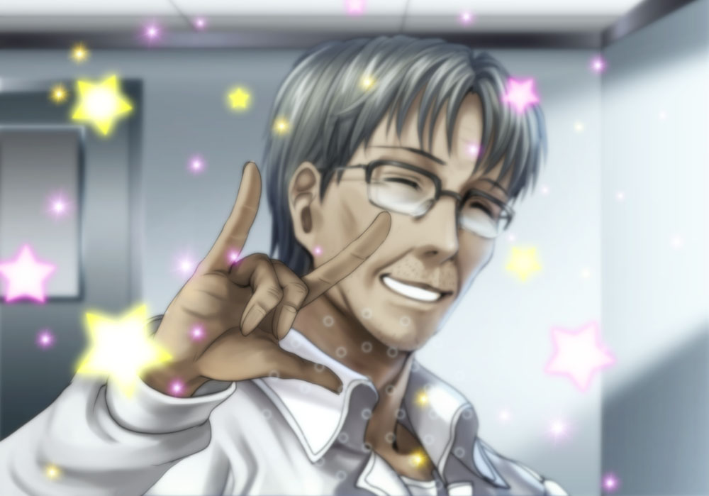 mutsuki (moonknives), okazaki naoyuki, clannad, key (company), macross, macross frontier, m/, glasses, male focus, parody, seikan hikou, solo, sparkle, star (symbol)