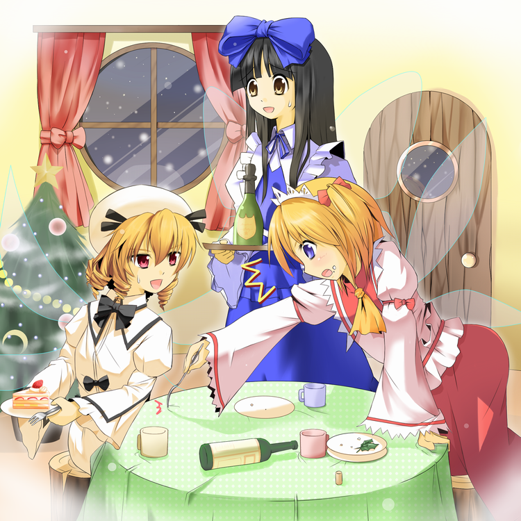 meso, luna child, star sapphire, sunny milk, perfect memento in strict sense, touhou, 3girls, bent over, bottle, cake, christmas, christmas tree, fairy, female focus, food, indoors, kneeling, multiple girls, plant, sitting, standing, table, tree, wings