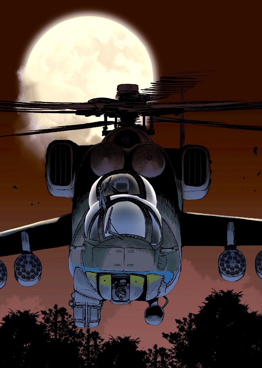 matsuda juukou, mi-24, original, commentary, english commentary, highres, aiming, aiming at viewer, aircraft, attack helicopter, flying, full moon, helicopter, military vehicle, moon, motion lines, night, no humans, red sky, rocket launcher, sky, tree, vehicle focus, weapon