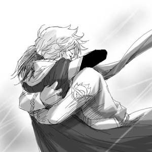 jomy marquis shin, keith anyan, toward the terra, lowres, 2boys, greyscale, hug, monochrome, multiple boys