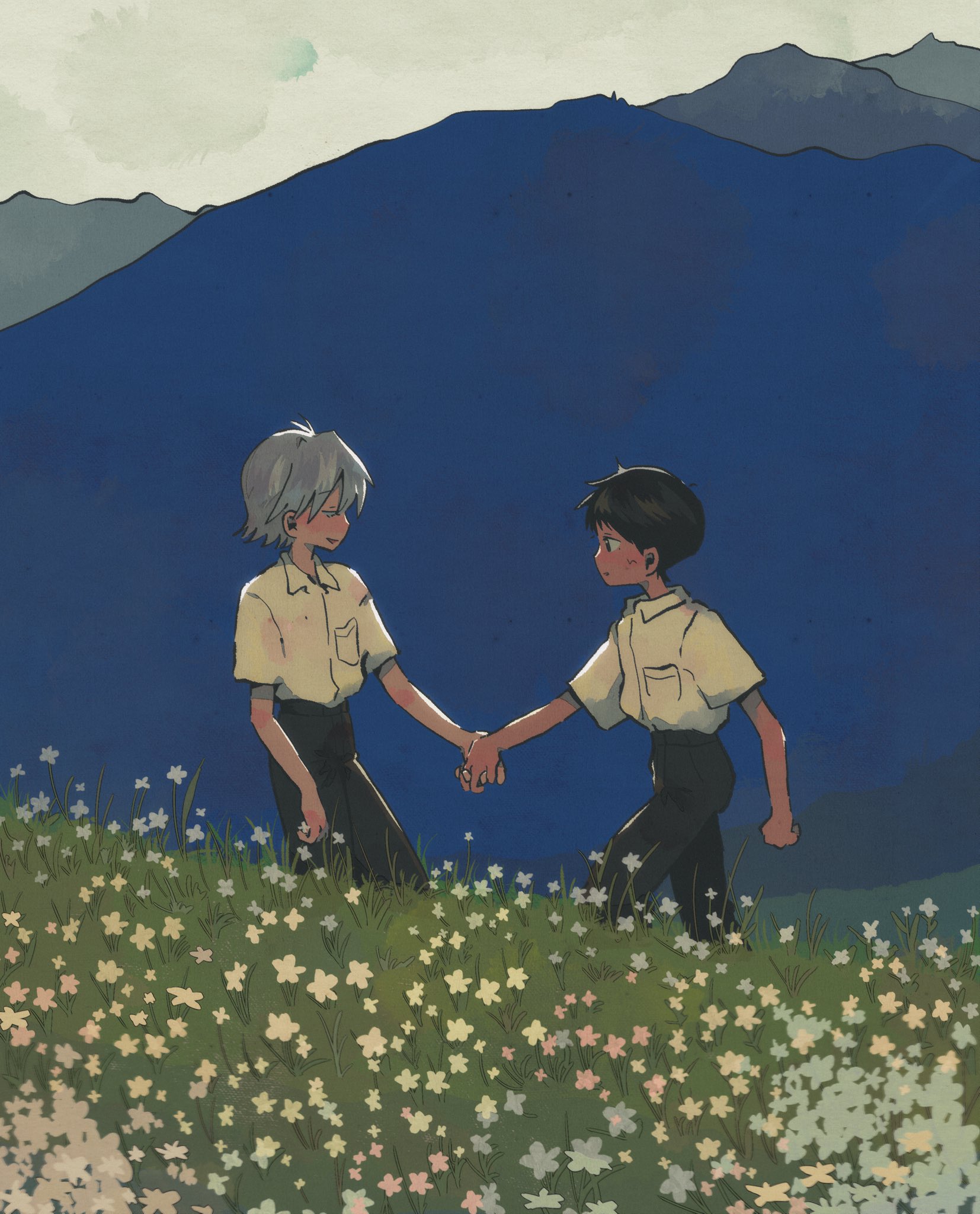 ikari shinji, nagisa kaworu, neon genesis evangelion, highres, 2boys, black pants, blush, brown hair, closed mouth, collared shirt, facing another, field, flower, flower field, grey hair, holding hands, looking at another, male focus, mountain, multiple boys, pants, school uniform, shirt, short hair, tobias (heavenstar), tokyo-3 middle school uniform, walking, white flower, white shirt