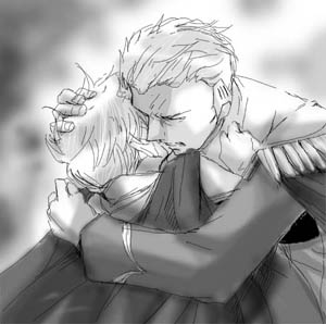 jomy marquis shin, toward the terra, lowres, 2boys, greyscale, harley, hug, monochrome, multiple boys