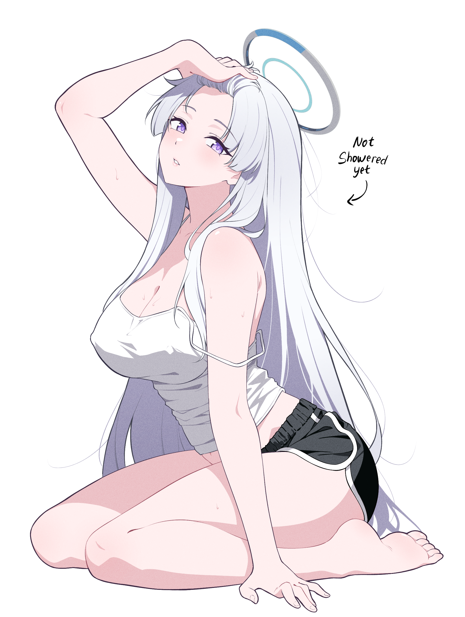reia 76, noa (blue archive), blue archive, absurdres, commentary request, highres, 1girl, alternate costume, arched back, arm up, bangs pinned back, barefoot, black shorts, blush, breasts, camisole, cleavage, covered erect nipples, dolphin shorts, halo, large breasts, legs, long hair, looking at viewer, midriff, purple eyes, short shorts, shorts, simple background, solo, strap slip, thighs, toes, very long hair, white background, white camisole, white hair, white halo