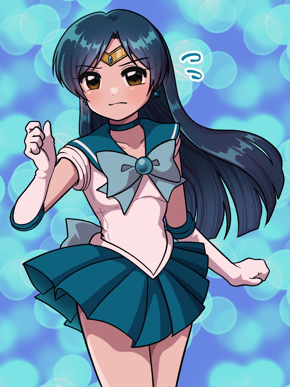 kisaragi chihaya, sailor mercury, bishoujo senshi sailor moon, idolmaster, idolmaster (classic), highres, 1girl, blue bow, blue choker, blue hair, blue sailor collar, blue skirt, blunt ends, bow, brooch, brown eyes, choker, circlet, closed mouth, cosplay, cowboy shot, earrings, elbow gloves, floating hair, flying sweatdrops, gloves, jewelry, long hair, magical girl, miniskirt, okazuhamburg, pleated skirt, sailor collar, sailor mercury (cosplay), sailor senshi uniform, skirt, solo, standing, star (symbol), star earrings, white gloves