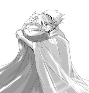 jomy marquis shin, soldier blue, toward the terra, lowres, 2boys, greyscale, hug, monochrome, multiple boys, sketch