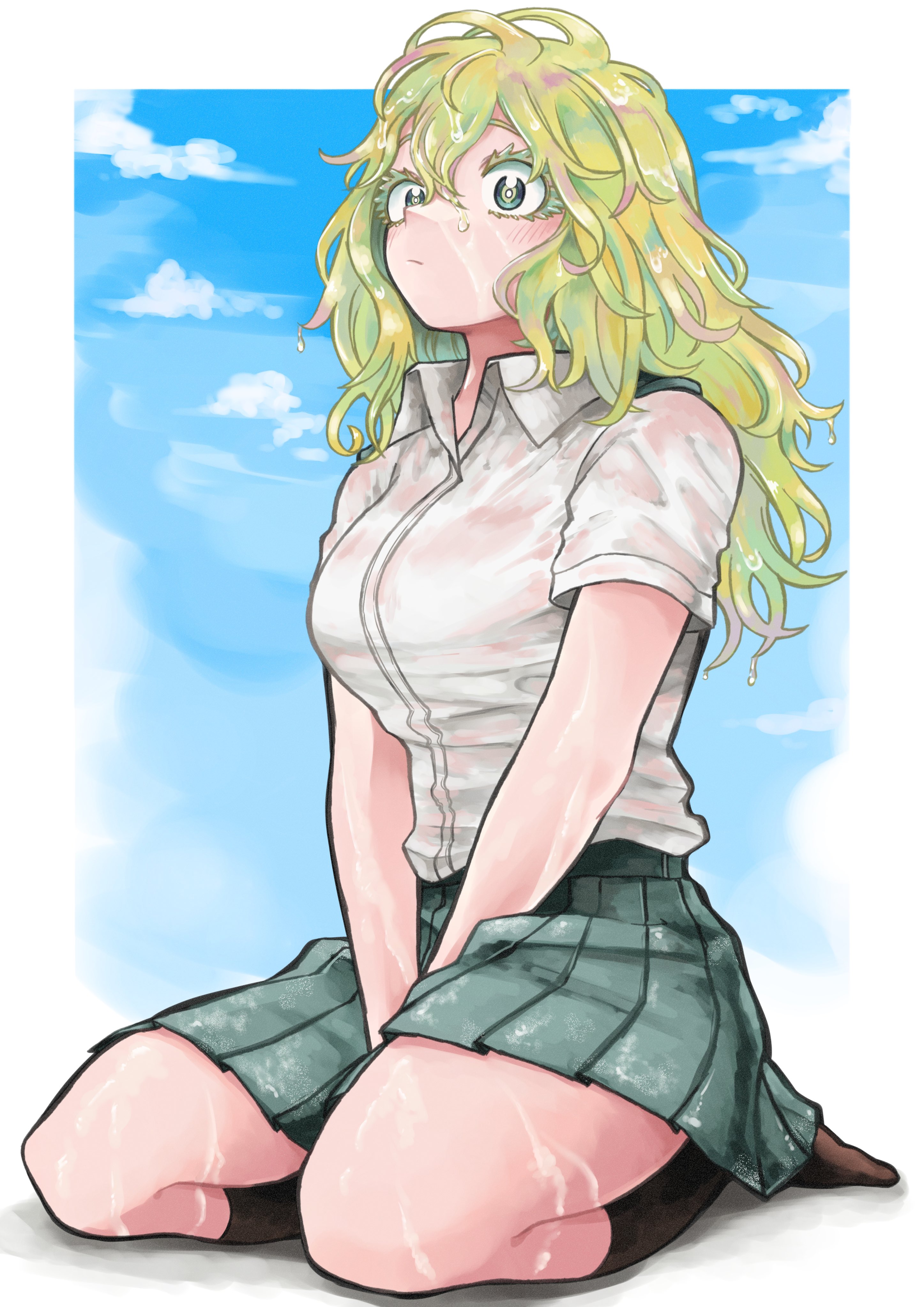 hiro illust11, hagakure toru, boku no hero academia, absurdres, highres, 1girl, arms between legs, blush, border, breasts, closed mouth, green eyes, green hair, green skirt, horikoshi kouhei (style), knees, large breasts, long hair, narrow waist, official style, pink streaks, pleated skirt, school uniform, seiza, shirt, shoes, short sleeves, sitting, skirt, sky, solo, wet, wet clothes, wet shirt, white border