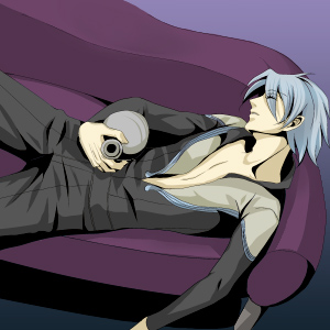 soldier blue, toward the terra, silver hair, lowres, 1boy, albino, bottle, closed eyes, couch, lying, male focus, open clothes, open shirt, shirt, short hair, sleeping, solo, unzipped