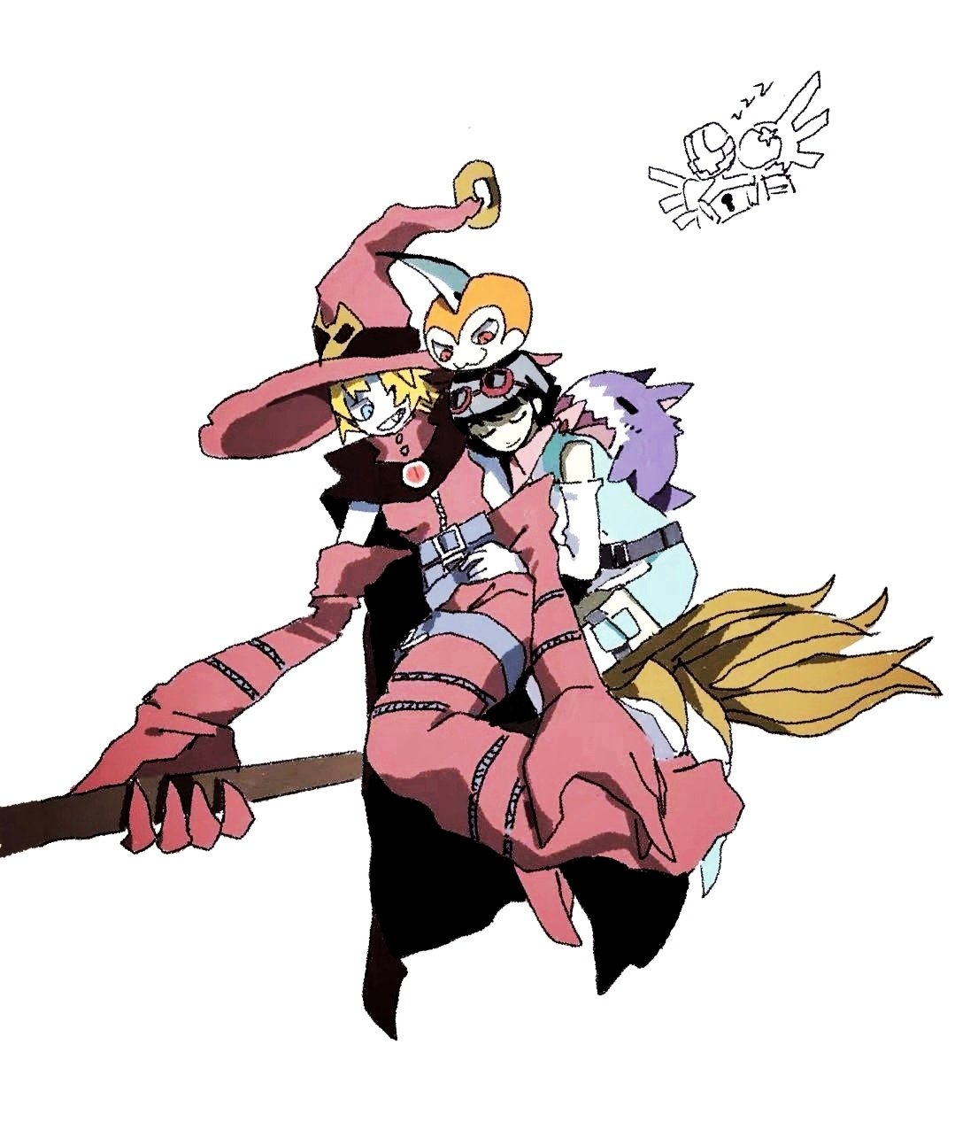 soccerobsidian, clavisangemon, dorimon, tsumemon, yuuki kanan, digimon, digimon story: time stranger, highres, 1boy, 2girls, 2others, :3, aqua eyes, bare shoulders, black hair, breasts, broom, broom riding, dress, elbow gloves, gloves, goggles, goggles on head, green dress, green hat, grin, hat, looking at another, multiple girls, multiple others, open mouth, oversized clothes, red dress, red gloves, red scarf, scarf, short hair, sideboob, simple background, single thighhigh, sleeping, smile, thighhighs, two-tone dress, white background, white dress, white gloves, white thighhighs, witch hat
