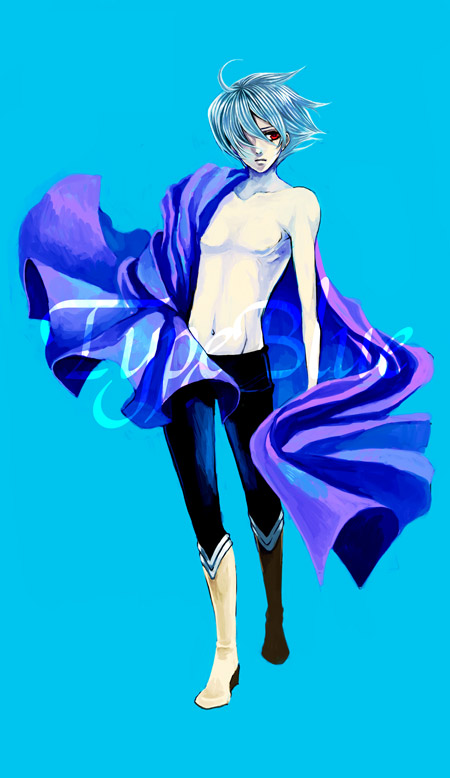 soldier blue, toward the terra, 1boy, blue hair, blue theme, boots, cape, full body, male focus, red eyes, simple background, solo, topless male