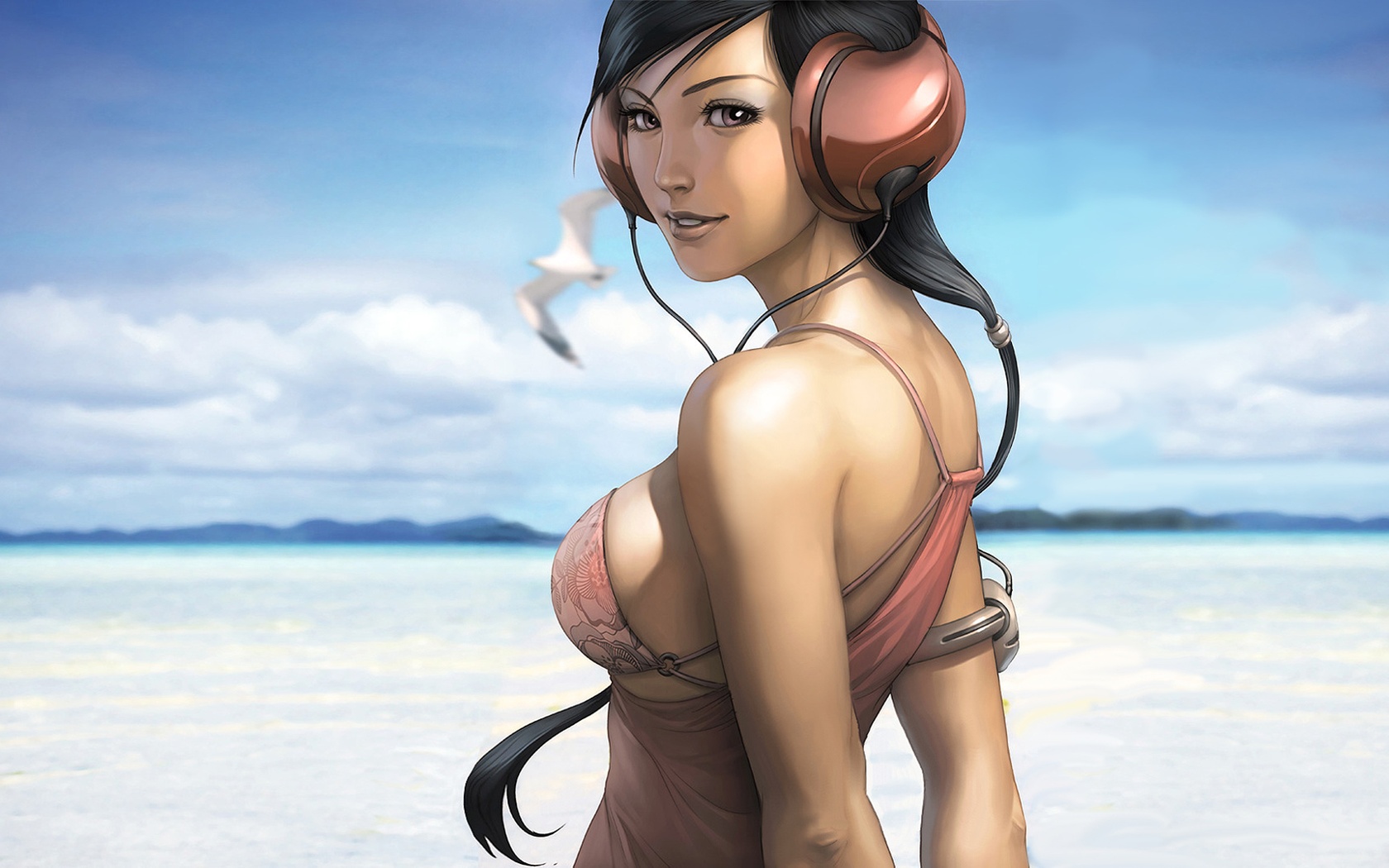 stanley lau, wallpaper, highres, 1girl, bare shoulders, beach, black hair, bra, breasts, brown eyes, cloud, day, dress, headphones, lingerie, long hair, looking at viewer, medium breasts, mountainous horizon, mp3 player, outdoors, parted lips, ponytail, realistic, sideboob, sky, smile, solo, underwear