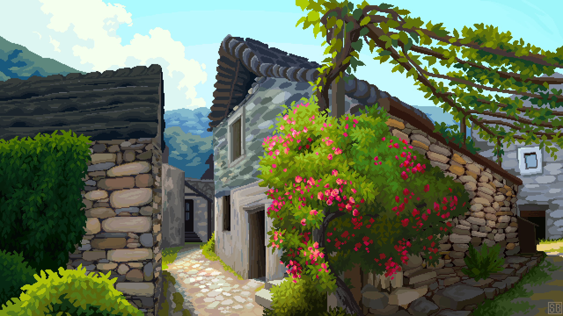 original, commentary, english commentary, highres, artist logo, building, bush, cloud, day, doorway, fern, flower, grass, house, logo, mountain, no humans, outdoors, pixel art, plant, real world location, scenery, scrunchybean, sky, stone walkway, sweden, vines