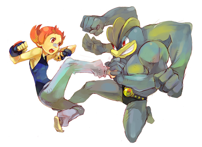 mikami, machamp, maylene (pokemon), nintendo, pokemon, pokemon dppt, 00s, 1girl, bandaid, barefoot, battle, feet, fighting, fingerless gloves, gen 1 pokemon, gloves, grin, gym leader, kicking, mma gloves, pink eyes, pink hair, pokemon (creature), red eyes, short hair, simple background, smile, soles, toes, white background