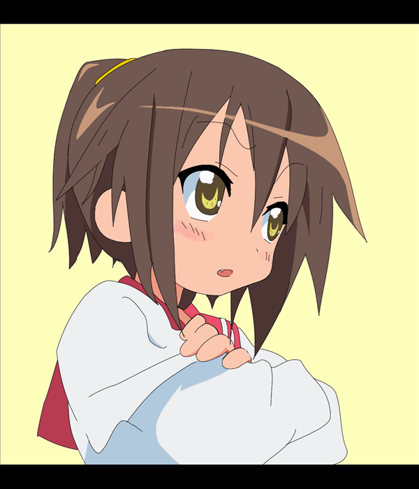 lister, kusakabe misao, lucky star, 00s, alternate hairstyle, brown hair, ponytail, school uniform, serafuku, short hair, solo, yellow eyes