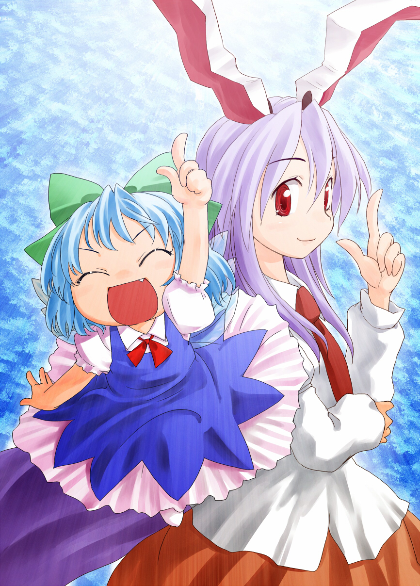 kiriu, cirno, reisen udongein inaba, touhou, highres, 2girls, ^ ^, animal ears, blue dress, blue hair, bow, closed eyes, dress, dress shirt, fang, female focus, hair bow, long hair, long sleeves, multiple girls, necktie, pointing, pointing up, puffy short sleeves, puffy sleeves, purple hair, rabbit ears, red eyes, red necktie, shirt, short hair, short sleeves, smile