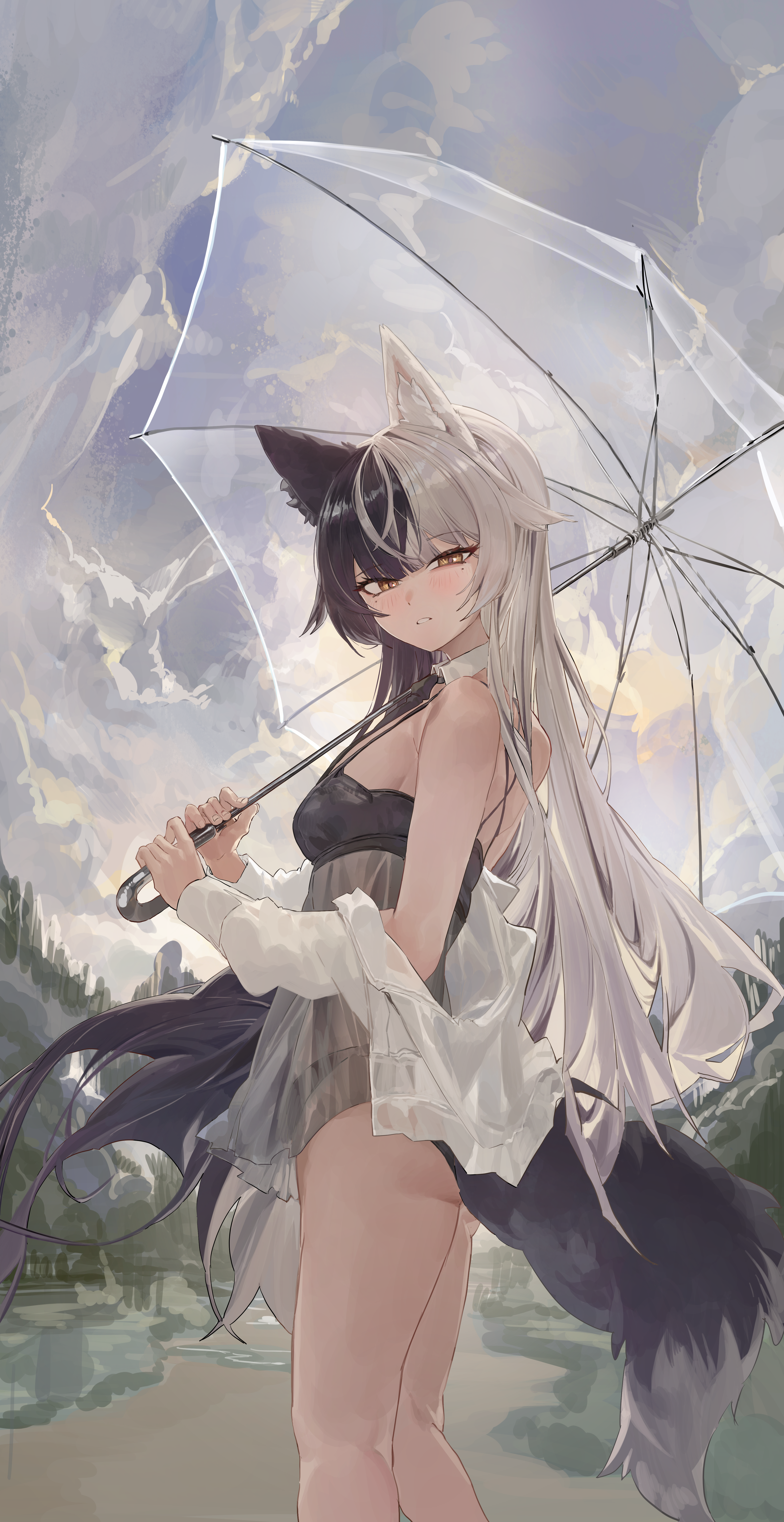 dainillust, absurdres, character request, commentary, commission, copyright request, highres, 1girl, animal ear fluff, animal ears, black hair, black panties, black shirt, blunt bangs, brown eyes, collar, day, detached collar, feet out of frame, grey hair, holding, holding umbrella, long hair, looking at viewer, looking to the side, mole, mole under eye, multicolored hair, no pants, off shoulder, open clothes, open shirt, outdoors, panties, parted lips, see-through clothes, see-through shirt, shirt, solo, split-color hair, standing, tail, transparent, transparent umbrella, turning head, umbrella, underwear, very long hair, white collar, white shirt